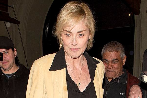 Sharon Stone in a black sheer shirt and leather pants as she was seen leaving Craig's Restaurant in West Hollywood, CA