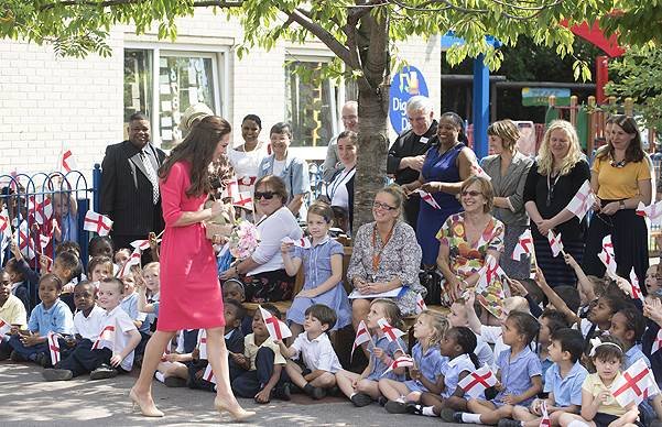The Duchess of Cambridge visits Blessed Sacrament School to see the progress of M-PACT Plus a school based project to address addiction in families, which Her Royal Highness launched with John Bishop in Manchester in 2013. The Duchess of Cambridge meets p