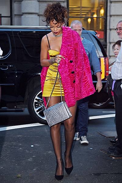 Rihanna looks stunning as she steps out in a mustard mini dress and bright pink coat as she heads to a dinner at Nobu restaurant with her BFF Melissa Ford in Tribeca, NYC