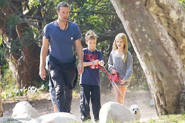 *EXCLUSIVE* Chris Martin walks the dog with his kids