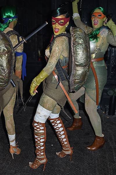 Rihanna steps out dressed as a ninja turtle for Halloween as she heads to the nightclub with her friends in Meatpacking, NYC