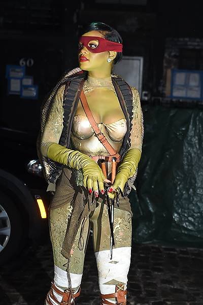 Rihanna steps out dressed as a ninja turtle for Halloween as she heads to the nightclub with her friends in Meatpacking, NYC